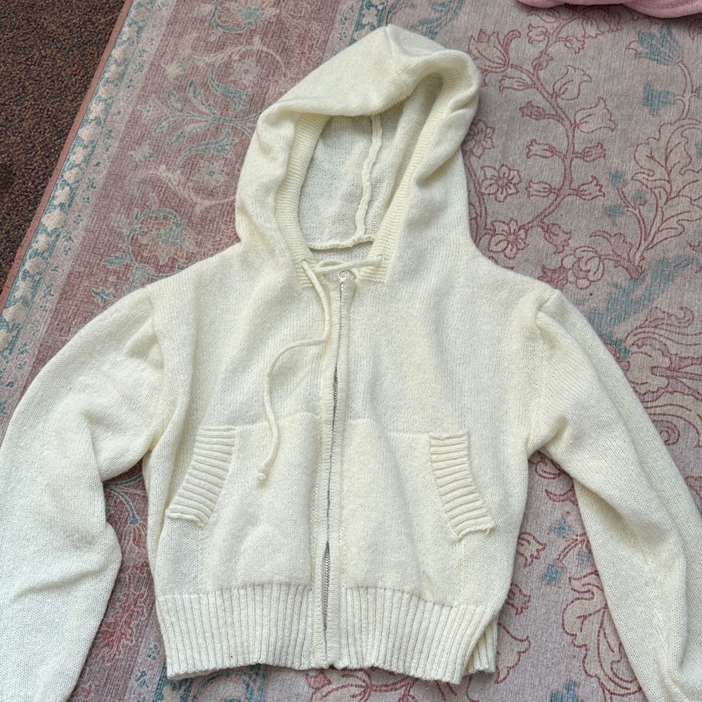 Cream Hooded Zip-Up Sweater